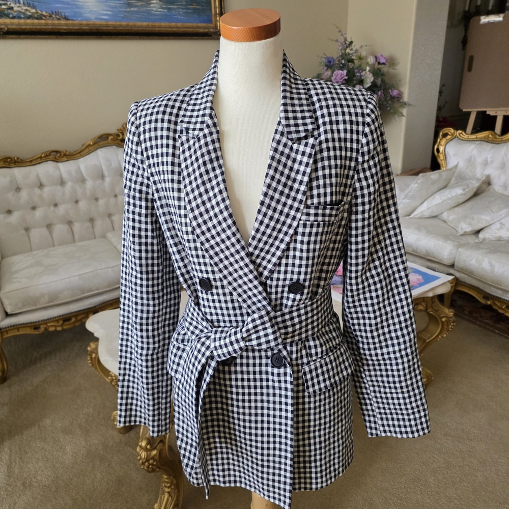 Reformation Black and White Gingham Linen Blazer